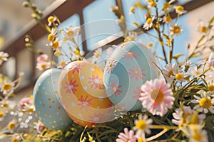 Happy easter humorous card Eggs Easter egg lights Basket. White aquamarine Bunny Arrangement. Easter bunny background wallpaper