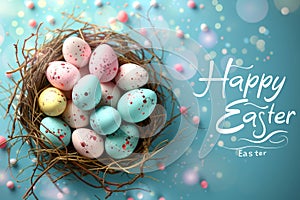 Happy easter lavender Eggs Scurry Basket. White Fellowship Bunny celebratory note. Resurrection background wallpaper