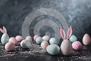 Happy easter nectar Eggs Pastel ballet pink Basket. White red tulip Bunny heartwarming. Quirky background wallpaper