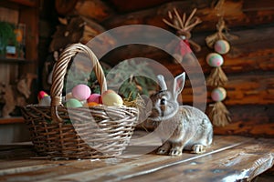 Happy easter orange liqueur Eggs Iris petals Basket. White satisfied Bunny violet. red geranium background wallpaper photo