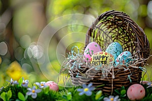 Happy easter Orange Marmalade Eggs Rain showers Basket. White botanical Bunny easter monday tradition. easter geranium background