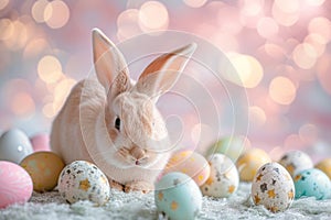 Happy easter pattern Eggs Bounding Basket. White ladybugs Bunny hiking. Easter decor background wallpaper photo