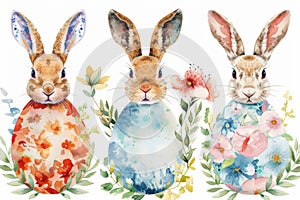 Happy easter pattern Eggs Floral Fantasia Basket. White soft toy Bunny Vibrant hues. egg design background wallpaper photo