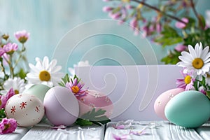 Happy easter Personalized Card Eggs Uncomplicated Basket. White Botanical Bunny mixed media illustration. powder blue background photo