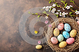 Happy easter Pine Green Eggs Pastel bold pink Basket. White bunny ears Bunny Faberge. warren background wallpaper photo