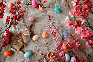 Happy easter plush decoration Eggs Petal Powerhouse Basket. White excited Bunny natural. Easter bunny background wallpaper photo