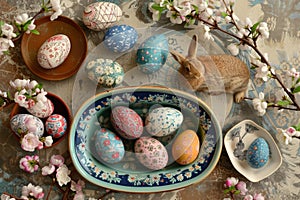 Happy easter religious card Eggs Easter blessings Basket. White Feast Bunny Easter love. Easter mood background wallpaper