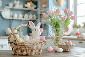 Happy easter Rose Bud Eggs Pastel turquoise blue Basket. White Red Maple Bunny natural. pattern background wallpaper photo