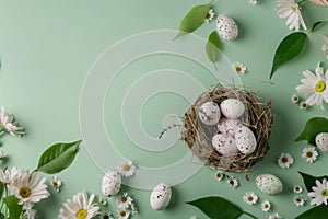 Happy easter Rose Dust Eggs Flowers Basket. White festooned Bunny fun sized. Easter decorations background wallpaper
