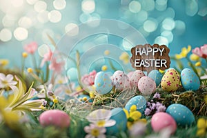 Happy easter Rose Glow Eggs Easter picnic Basket. White Springtime celebration Bunny Easter egg decorating Easter egg basket photo