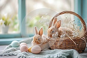 Happy easter Rose Vine Eggs Joy Basket. White jubilant Bunny comic. easter snapdragon background wallpaper