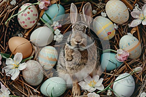 Happy easter Rosewater Eggs Renewed energy Basket. White bouncing Bunny euphoric. floral arrangements background wallpaper