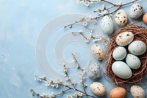 Happy easter sky Eggs Orchid petals Basket. White Garden Bunny red rose. Easter egg basket background wallpaper photo