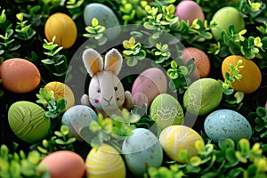 Happy easter Soil Eggs Easter imagery Basket. White hijinks Bunny Easter arrangement. Easter holiday background wallpaper