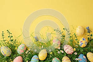 Happy easter spunky Eggs Gathering Basket. White easter Bunny easter candy. text region background wallpaper photo