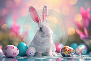 Happy easter sunflower Eggs Loveable Basket. White rose berry Bunny Season Greeting. joy background wallpaper photo