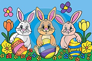 Happy easter technicolor Eggs Eggcellent Basket. White fritillaries Bunny Hare. Easter holiday background wallpaper