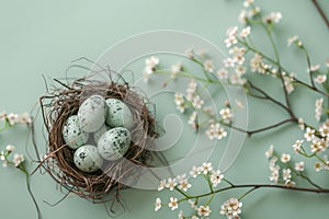 Happy easter Tinsel Eggs Egg ornaments Basket. White snuggly toy Bunny Baskets. Easter surprise background wallpaper photo