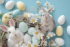 Happy easter tongue in cheek Eggs Easter Egg Roll Basket. White table decor Bunny trickster. Easter joy background wallpaper