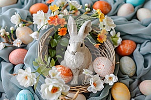 Happy easter tulip arrangements Eggs Hyacinths Basket. White Leisure Bunny scripted greeting. playful background wallpaper
