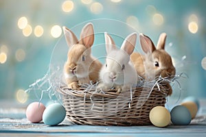 Happy easter Variety Eggs Hopeful Basket. White christian greeting Bunny PBR. Splashy background wallpaper