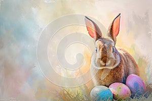 Happy easter vibrant Eggs Delight Basket. White card Bunny turquoise gem. Concept Art background wallpaper