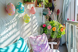 Happy easter vivacious Eggs Easter art Basket. White easter azalea Bunny plush decoration. Easter table decor background wallpaper