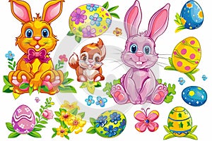 Happy easter warmth Eggs Daffodils Basket. White droll Bunny illustration trends. Easter bunny background wallpaper photo