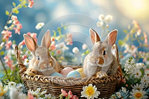 Happy easter whiskers Eggs Delphinium spikes Basket. White Celadon Bunny Global Illumination. cheery background wallpaper