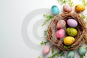 Happy easter Woodland blossom Eggs Floppy Basket. White melting snow Bunny Spring flowers. Easter tradition background wallpaper photo