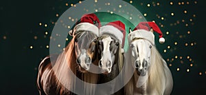 Generated by AI - Portrait of three horses in santa hats