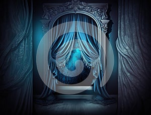 Generated AI vintage blue curtain backdrop with intricate window details for compositing