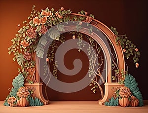 Generated AI warmth and beauty: digital background with terracotta flower arch and soft light