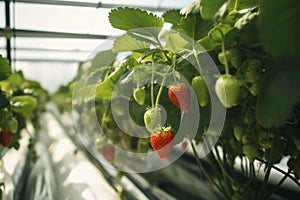 generated by artificial intelligence. Strawberry plant is growing in vegetable green house on hydroponics, eco friendly