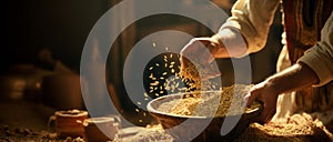 Hard-working hands of male pouring grain.