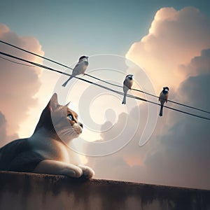 Cat sits on rooftop gazing at three birds on wire