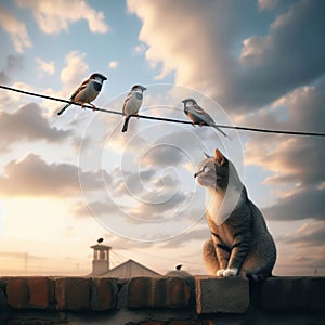 Cat sits on rooftop gazing at three birds on wire