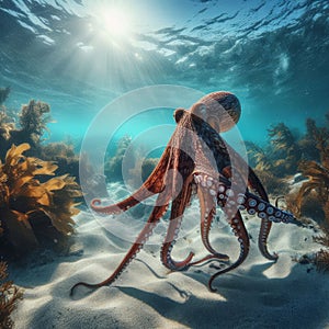 Octopus moves through the ocean currents, in clear waters
