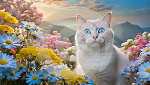 Ojos azules cat with blue eyes in floral field photo