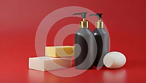 Bottles of shampoo and soap bars on red background with copy space