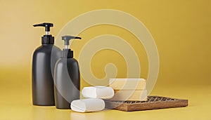 Bottles of shampoo and soap bars on yellow background with copy space