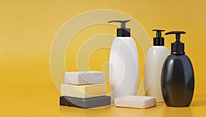 Bottles of shampoo and soap bars on yellow background with copy space