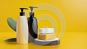 Bottles of shampoo and soap bars on yellow background with copy space