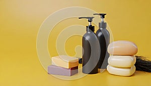 Bottles of shampoo and soap bars on yellow background with copy space