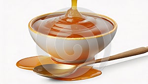 Bowl and spoon of tasty maple syrup isolated on white background