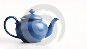 Blue teapot on white background with copy space