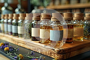 oil fragrances glass bottles wooden stopper photo