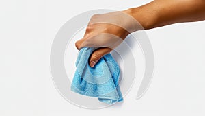 arm holding light blue microfiber cloth