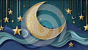 Ramadan six star gold glitter banner effect