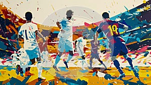 Painting of the football game El Clasico, colorful, bursting with the colors of both teams, white and gold, blue and maroon. photo